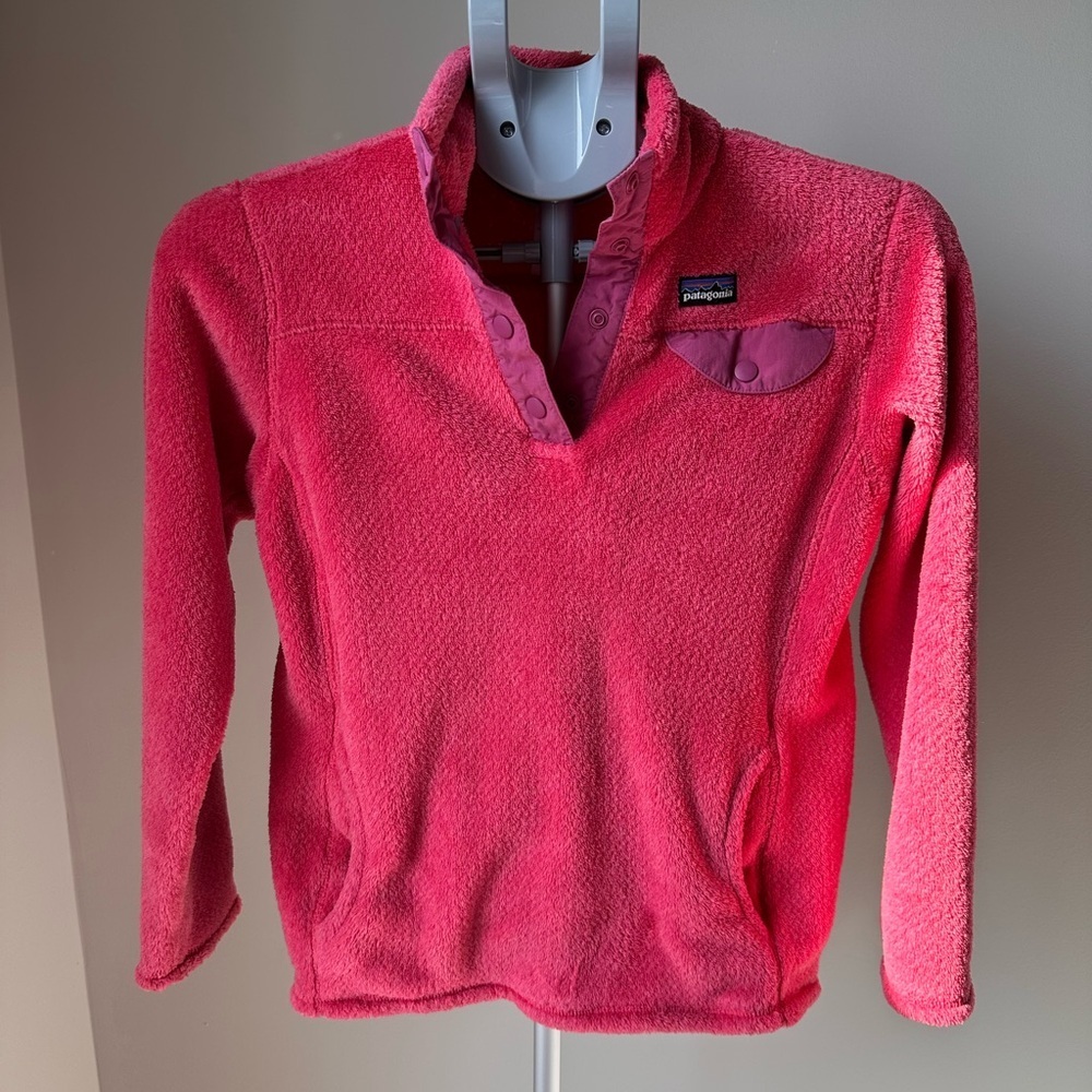 Patagonia Girls Large 12 Re-Tool Snap-T Fleece Pullover Pink Purple Trim Outdoor